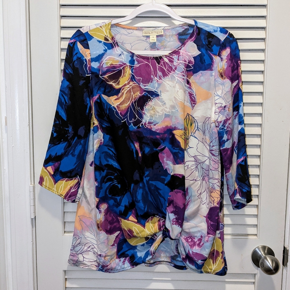 Dana Buchman Top 3/4 Sleeve Bunching Floral Colorful Vacation Summer Sz Small